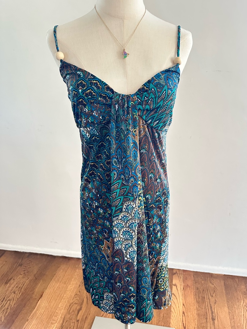 Hypnotik Y2K Teal Brown Paisley Spaghetti Strap Dress Boho Midi Dress L
